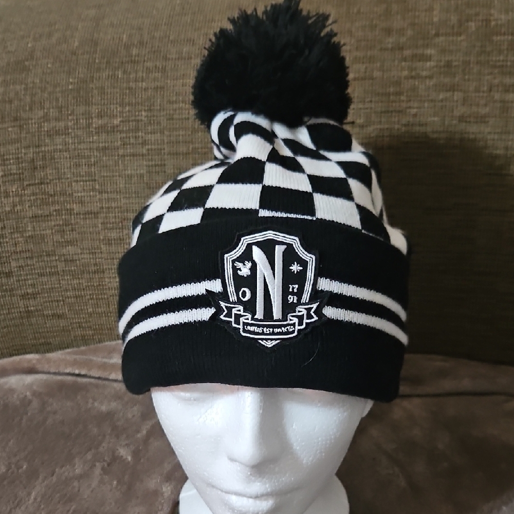 Black and White Checkered Beanie with Pom Pom
